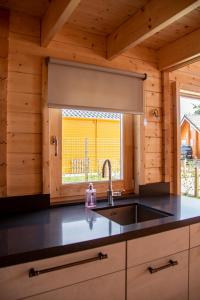 a kitchen with a sink and a window at Luxe Chalets in Zeeland aan de kust in Sint Annaland