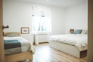a white bedroom with two beds and a window at Entoli Apartment in Podnanos