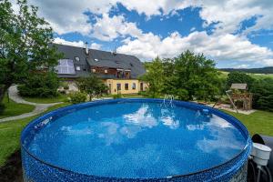 a large blue swimming pool in front of a house at Family apartments V Zátiší in Dolní Morava