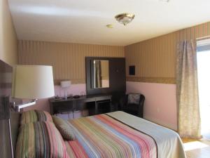a bedroom with a bed and a desk and a mirror at Shepody Bay Inn in Hopewell Cape