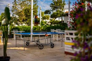a blue table and chairs in a patio with a table at Camelina Suites in San Antonio Bay