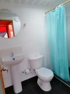 a bathroom with a toilet and a sink and a mirror at Glamping Cabaña San Martin in Guatavita
