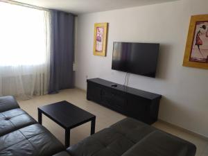 a living room with a couch and a flat screen tv at Lake House in Tiberias