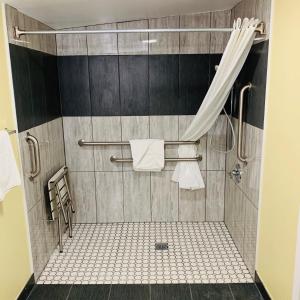 ein Bad mit Dusche und Duschvorhang in der Unterkunft Central Coast Inn in Cayucos