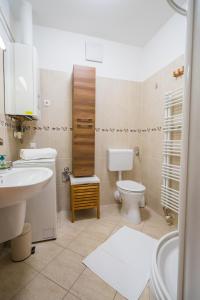 uma casa de banho com um lavatório e um WC em MF All-Season Apartment em Siófok