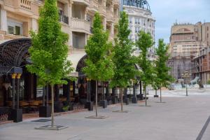 a row of trees in front of a building at Skopje City Square View in Skopje