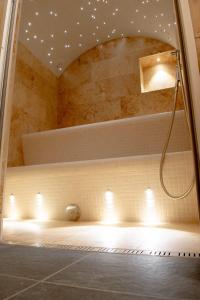 a bathroom with a shower with lights in it at Zeit Apartment in Līgatne