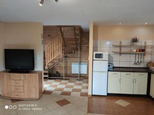 a kitchen with a refrigerator and a tv in a room at Domek u Lucy in Rabka-Zdrój