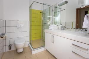 un bagno con doccia, WC e lavandino di Vinosseum Bor- és Apartmanház a Sopron Altre 5 foto