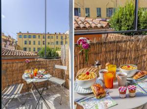 - une table avec petit-déjeuner sur le balcon dans l'établissement MY CASA - 10 CASSINI, à Nice