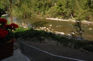 widok na rzekę z płotem i kwiatami w obiekcie Villa ULQINI w mieście Bagni di Lucca