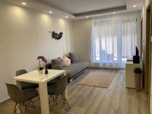 uma sala de estar com um sofá e uma mesa em Oasis Apartman em Hajdúszoboszló