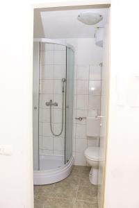 La salle de bains est pourvue d'une douche et de toilettes. dans l'établissement Studio Apartman Zara, à Zadar