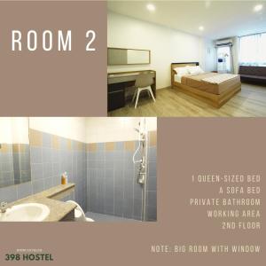 ein Bad und ein Schlafzimmer mit einem Bett und einem Waschbecken in der Unterkunft 398 HOSTEL in Bangkok