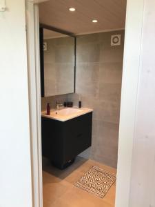 a bathroom with a sink and a mirror at Hytte med sjøutsikt og 20 min fra dyreparken in Grimstad