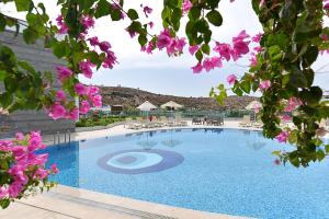 a large swimming pool with pink flowers at Royal Palm Residence in Bodrum City