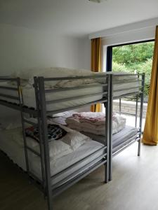 two bunk beds in a room with a window at DURBUY-COSY Appartement 2 in Durbuy