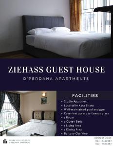 a flyer for a guest house with a bed at Ziehass Homestay D'Perdana Apartment in Kota Bharu