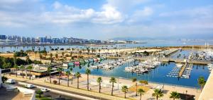 een jachthaven met boten in het water en een stad bij Ohtels Campo De Gibraltar in La Línea de la Concepción