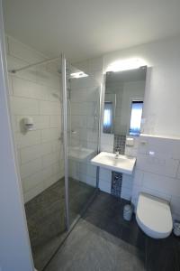 a bathroom with a toilet, sink, and shower at Hotel zur Post in Steimbke