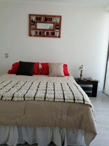 ein Schlafzimmer mit einem großen Bett mit roten Kissen in der Unterkunft AMUNATEGUI 173 Iquique Centro, ejecutivos in Iquique