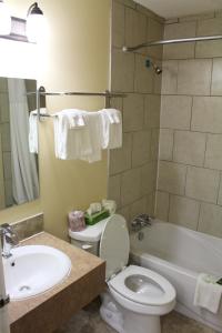 a bathroom with a toilet and a sink and a tub at Travelodge by Wyndham Swift Current in Swift Current