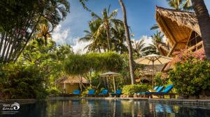 a pool at a resort with chairs and umbrellas at Santai Hotel in Amed