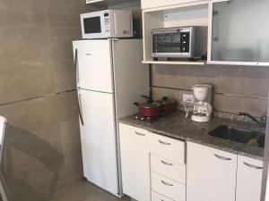 Elle comprend une petite cuisine équipée d'un réfrigérateur blanc et d'un four micro-ondes. dans l'établissement Palermo Queens Apartment, à Buenos Aires