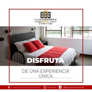 a poster of a bedroom with a bed with red pillows at Hotel La Algodonera in Ambato