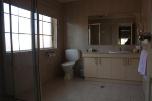 a bathroom with a toilet and a sink and a mirror at Grand Manor Motor Inn in Queanbeyan