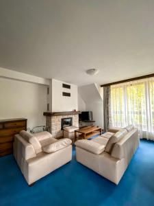 a living room with white couches and a fireplace at Penzión Teniscentrum in Vysoke Tatry - Tatranska Lomnica.