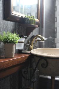 La salle de bains est pourvue d'un lavabo et d'une plante en pot. dans l'établissement Εn Plo Luxury Suites, à Karavostasion