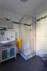 a bathroom with a shower and a sink and a toilet at Fischhaus Am Kleinen Glubigsee in Wendisch Rietz