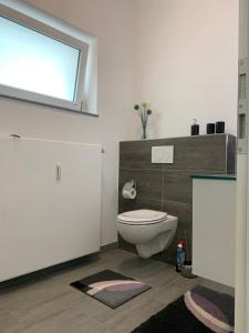 a bathroom with a toilet and a window at H&E Apartments Barntrup in Barntrup