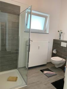 baño con ducha y aseo y ventana en H&E Apartments Barntrup en Barntrup