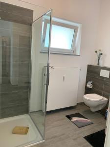 ein Badezimmer mit Dusche und Toilette und einem Fenster in der Unterkunft H&E Apartments Barntrup in Barntrup