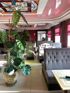 een lobby met een bank en planten in een kamer bij Olimp Soup&Bed in Ivano-Frankovo