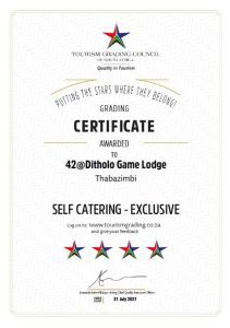 Certifikát, hodnocení, plakát nebo jiný dokument vystavený v ubytování 42@ Ditholo Game Lodge