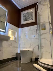 a bathroom with a shower and a toilet and a sink at Southside Guest House in Edinburgh
