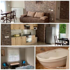 a collage of photos of a kitchen and a living room at Kristály Apartman in Eger