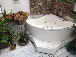 bañera blanca en una habitación con plantas en Hostal Paris, en Arequipa