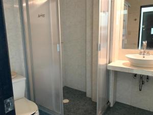 Hotel Alcázar في بوزا ريكا دي هيدالغو: حمام مع دش ومرحاض ومغسلة