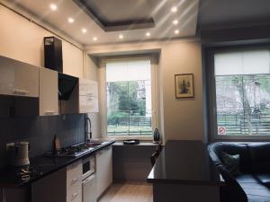 a kitchen with a counter top and two windows at Apartamenty pokoje "MARIA" in Lądek-Zdrój