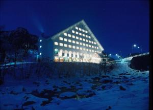 a large building at night with a flock of animals at Mount View Hotel in Kamikawa