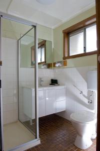 a bathroom with a glass shower and a toilet at Heemskirk Motor Hotel in Zeehan