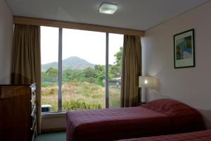 una camera d'albergo con un letto e una grande finestra di Heemskirk Motor Hotel a Zeehan