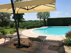 a swimming pool with two chairs and an umbrella at agriturismo" il glicine bianco" in Monzambano