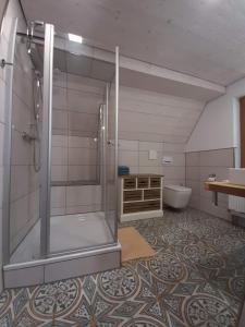 a bathroom with a shower and a sink and a toilet at Ferienwohnung Kunst und Kulturschuppen Hasenmühle in Kammerstein +26 photos