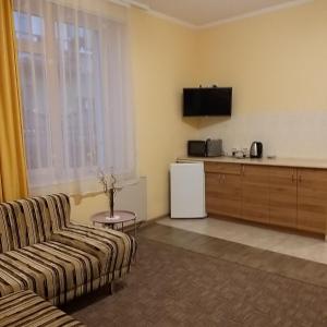 een woonkamer met een bank en een koelkast bij Смарт-апартаменти " Lutskyj zamok" in Loetsk