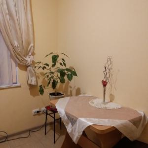 una habitación con una mesa con un jarrón de flores. en Смарт-апартаменти " Lutskyj zamok" en Luts'k